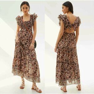 Anthropologie Love The Label Mirabelle Ruffle Maxi Dress Sz M Tiered Square Neck